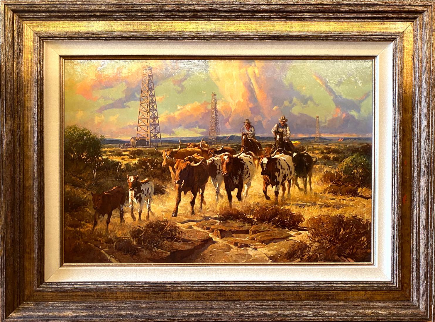 Robert Summers Animal Painting - "TEXAS GOLD"  LONGHORNS AND OIL DERRICKS AND COWBOYS