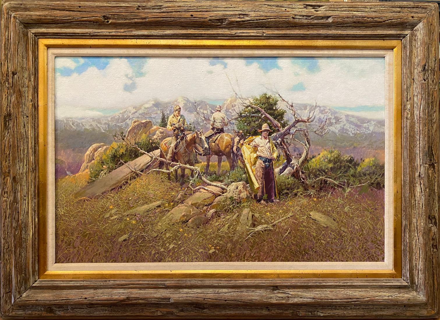 Don Prechtel Landscape Painting - "BOYS, IT'S BREAK TIME"  COWBOYS RESTING AFTER RIDING MOUNTAIN RANGES. WESTERN