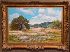 "PINK AND WHITE PHLOX"  TEXAS HILL COUNTRY WILDFLOWERS AND OAK TREES