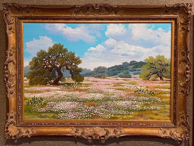 William Slaughter Landscape Painting - "PINK AND WHITE PHLOX"  TEXAS HILL COUNTRY WILDFLOWERS AND OAK TREES