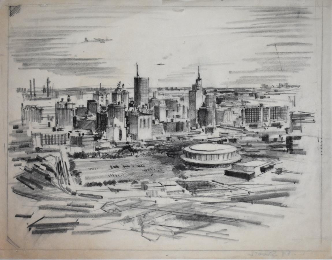 Landscape Art di Buck Schiwetz - "PAESAGGIO URBANO DI DALLAS" SU CARTA VERGATA ARTISTA DI METÀ SECOLO BUCK SCHIWETZ MORTO NEL 1984
