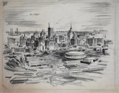 "PAESAGGIO URBANO DI DALLAS" SU CARTA VERGATA ARTISTA DI METÀ SECOLO BUCK SCHIWETZ MORTO NEL 1984