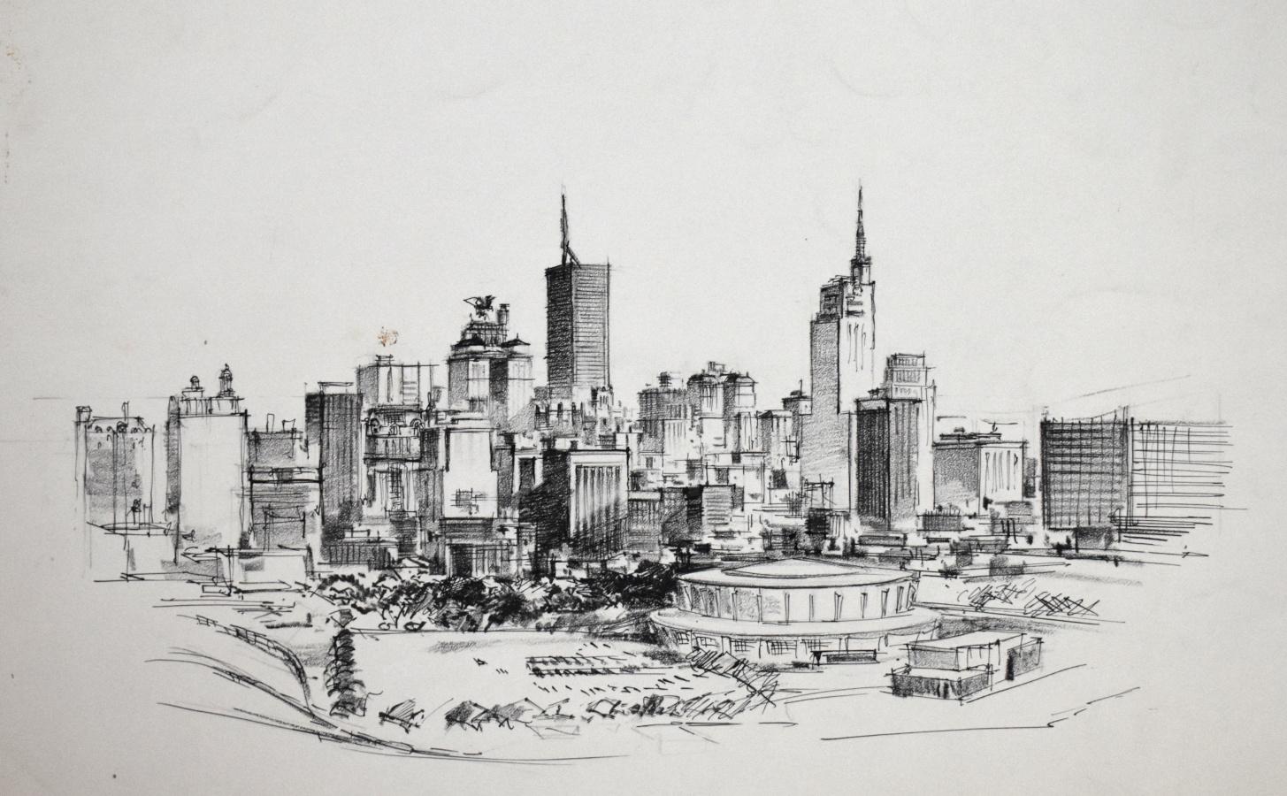 "DALLAS SKYLINE" ILUSTRACIÓN / DIBUJO PARA EL LIBRO "Cinco años hacia adelante"  1961