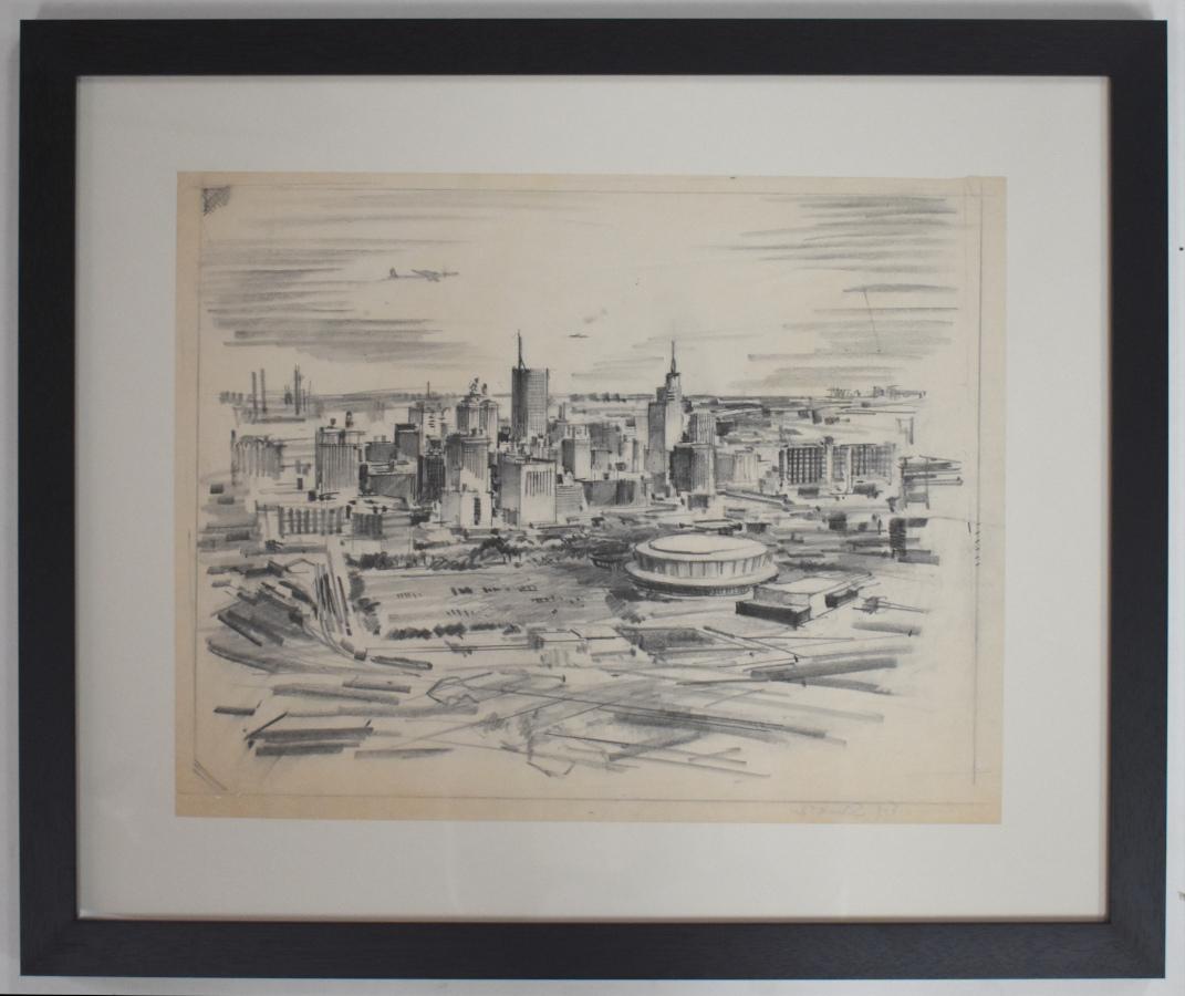 Landscape Art di Buck Schiwetz - SCHIZZO "PAESAGGIO URBANO DI DALLAS" ARTISTA DI METÀ SECOLO BUCK SCHIWETZ MORTO NEL 1984