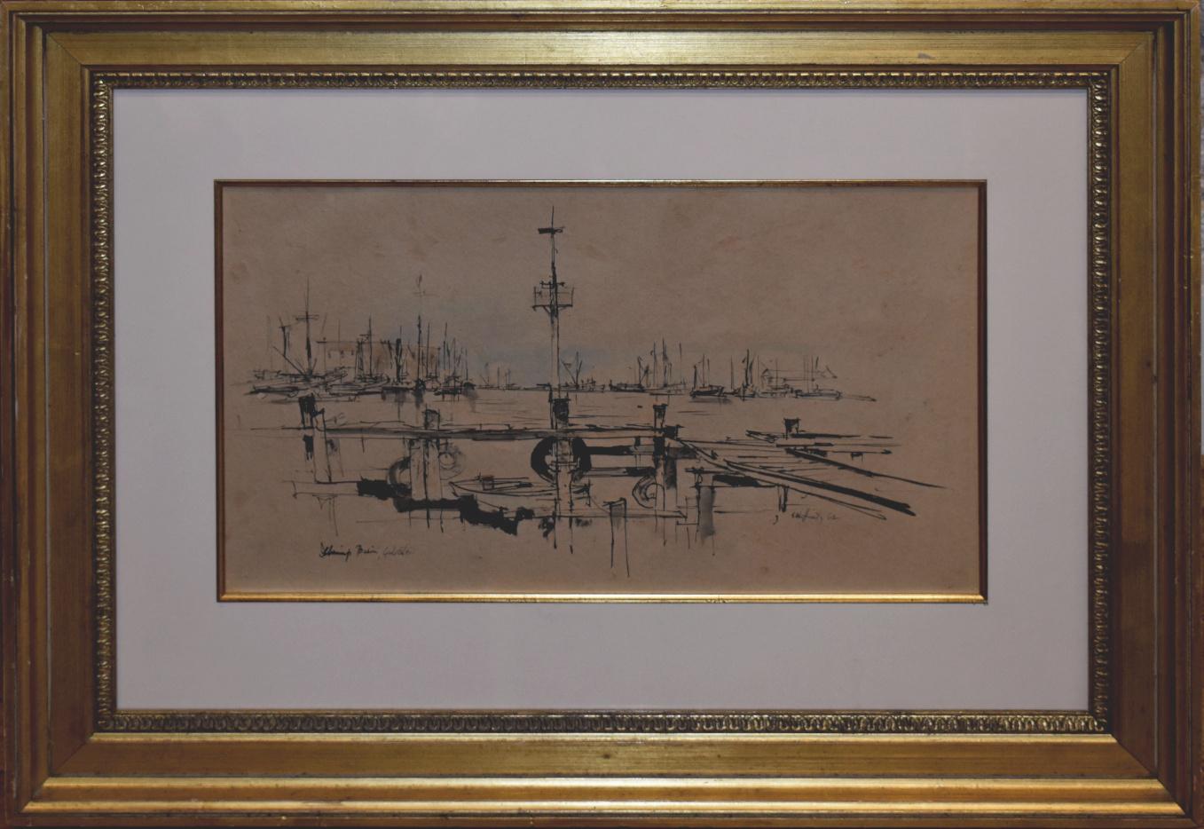 "SHRIMP BASIN" GALVESTON TEXAS INCHIOSTRO E ACQUERELLO DATATO 1962