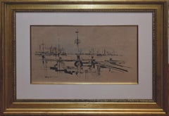 "SHRIMP BASIN" GALVESTON TEXAS INCHIOSTRO E ACQUERELLO DATATO 1962