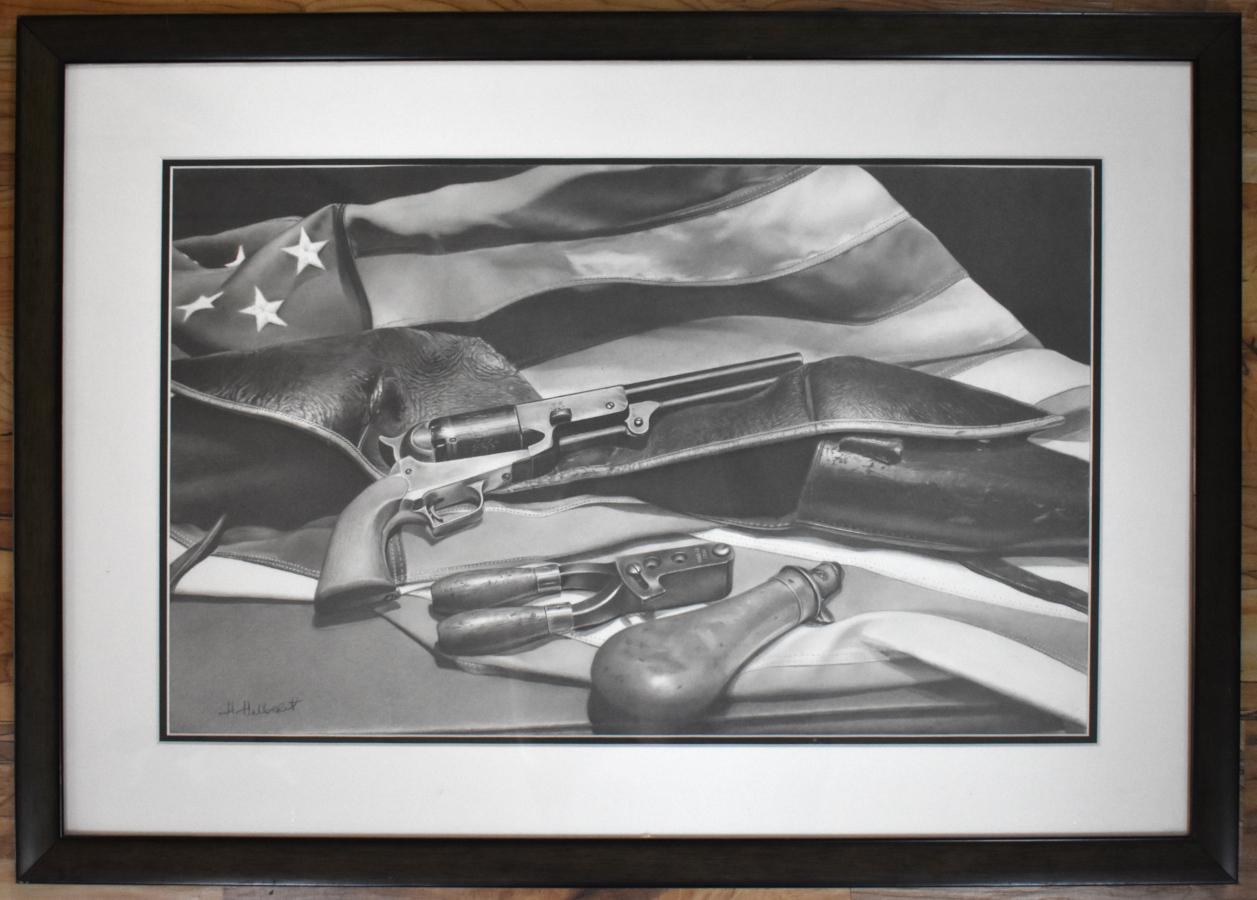 „TRUSTED FRIENDS“ GRAPHITE PENCIL DRAWING GUN AND FLAG FRAMED 34 x 24