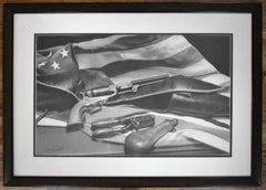"TRUSTED FRIENDS" GRAPHITE PENCIL DRAWING GUN AND FLAG FRAMED 34 x 24