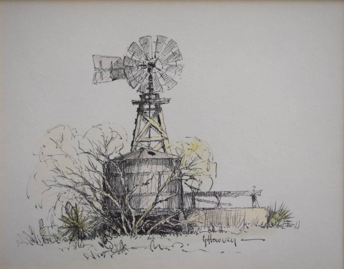 G. Harvey Landscape Art - "Windmill Del Rio Texas"  Drawing Hand colored Western
