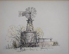 Vintage "Windmill Del Rio Texas"  Drawing Hand colored Western