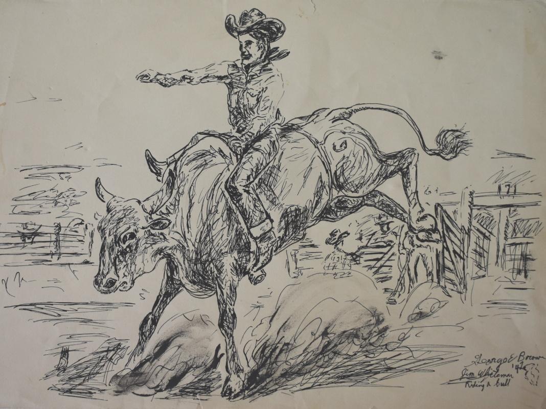 „Jim Whiteman beim Reiten eines Stiers“  Rodeo Champion Ende der 30er und Anfang der 40er Jahre – Art von George 