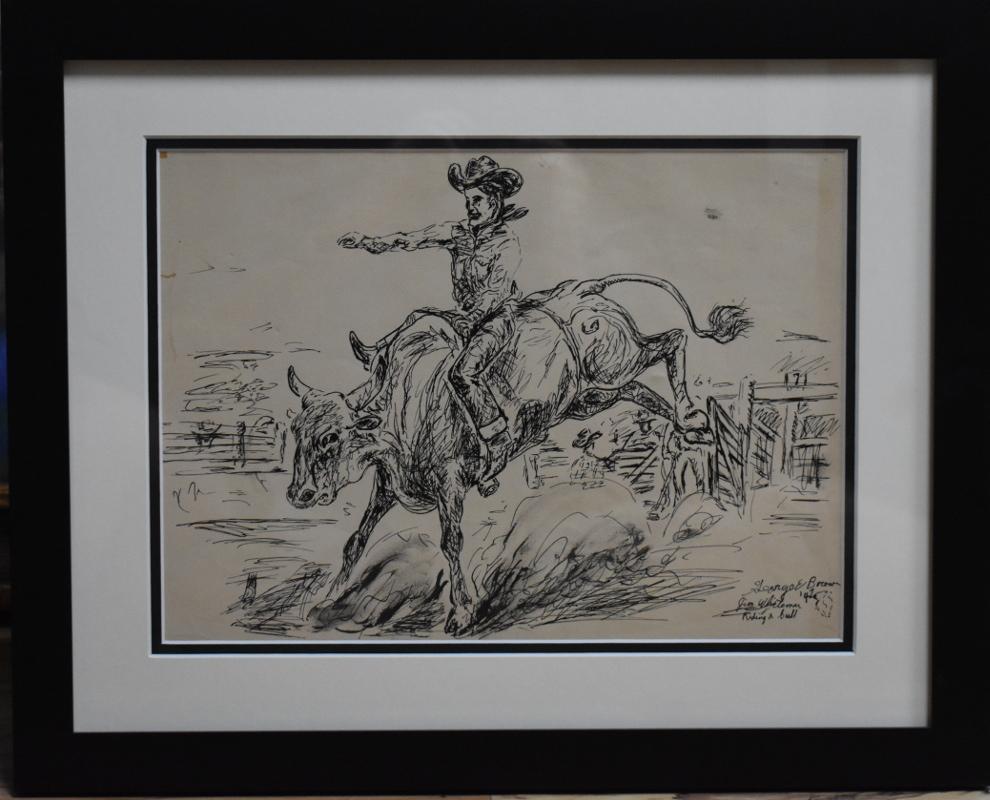 „Jim Whiteman beim Reiten eines Stiers“  Rodeo Champion Ende der 30er und Anfang der 40er Jahre