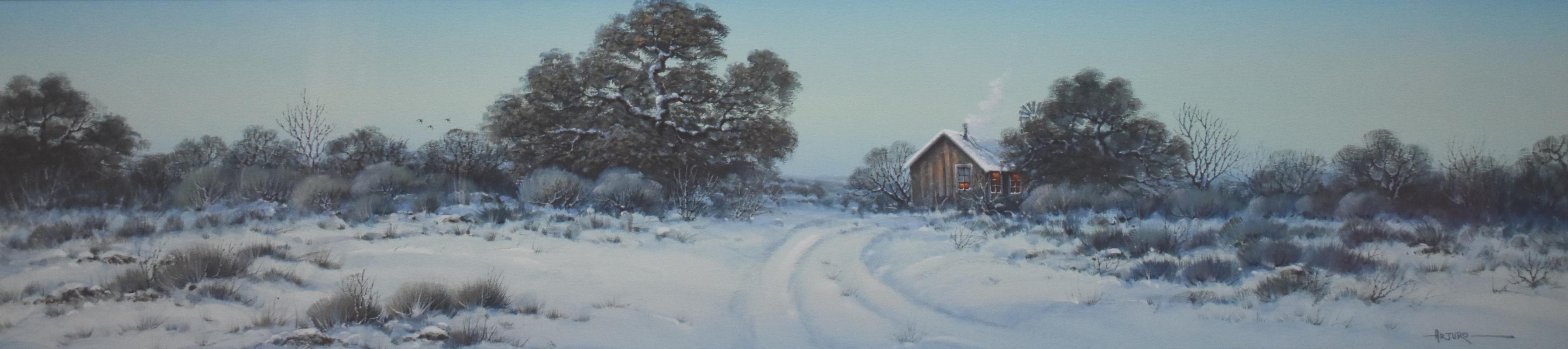 Arturo Mercado Landscape Painting - "Texas Ranch in Snow" Texas Hill Country in Snow at Dusk
