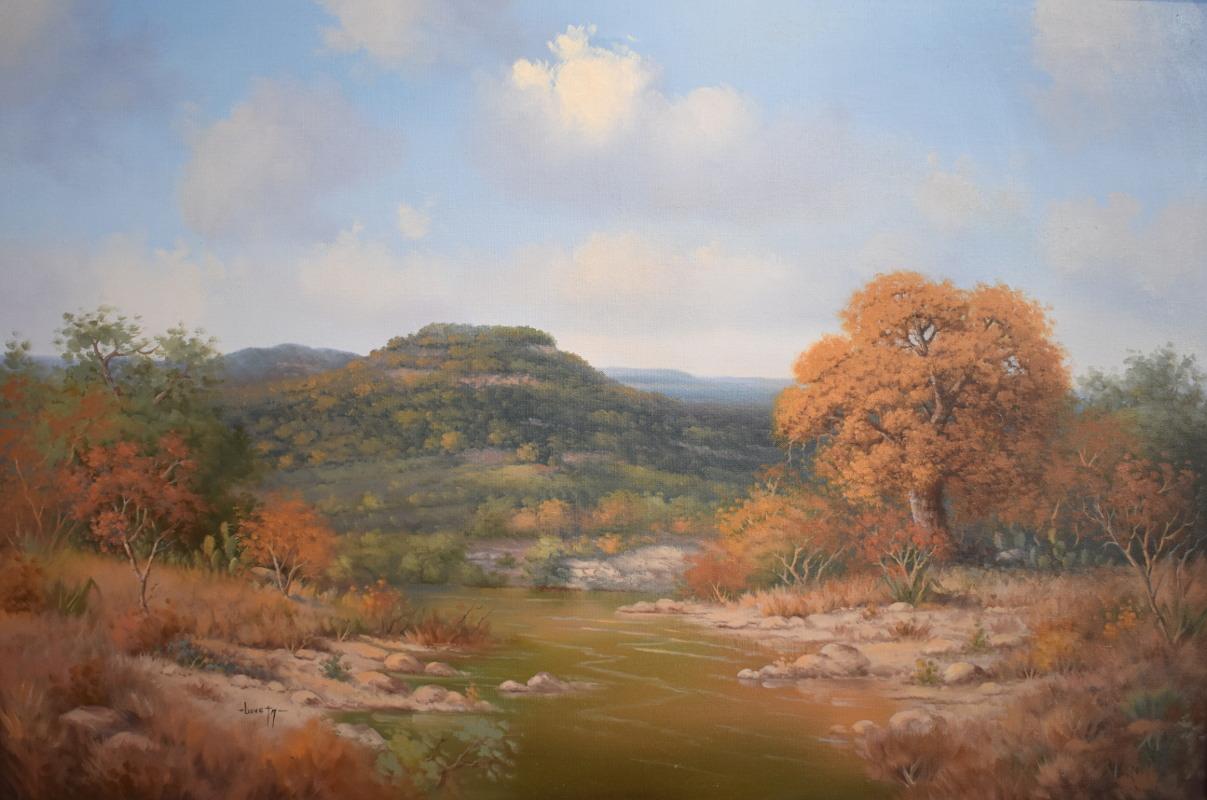 Landscape Painting de Loveta Strickland - "Escena del río Fall Texas Hill Country"
