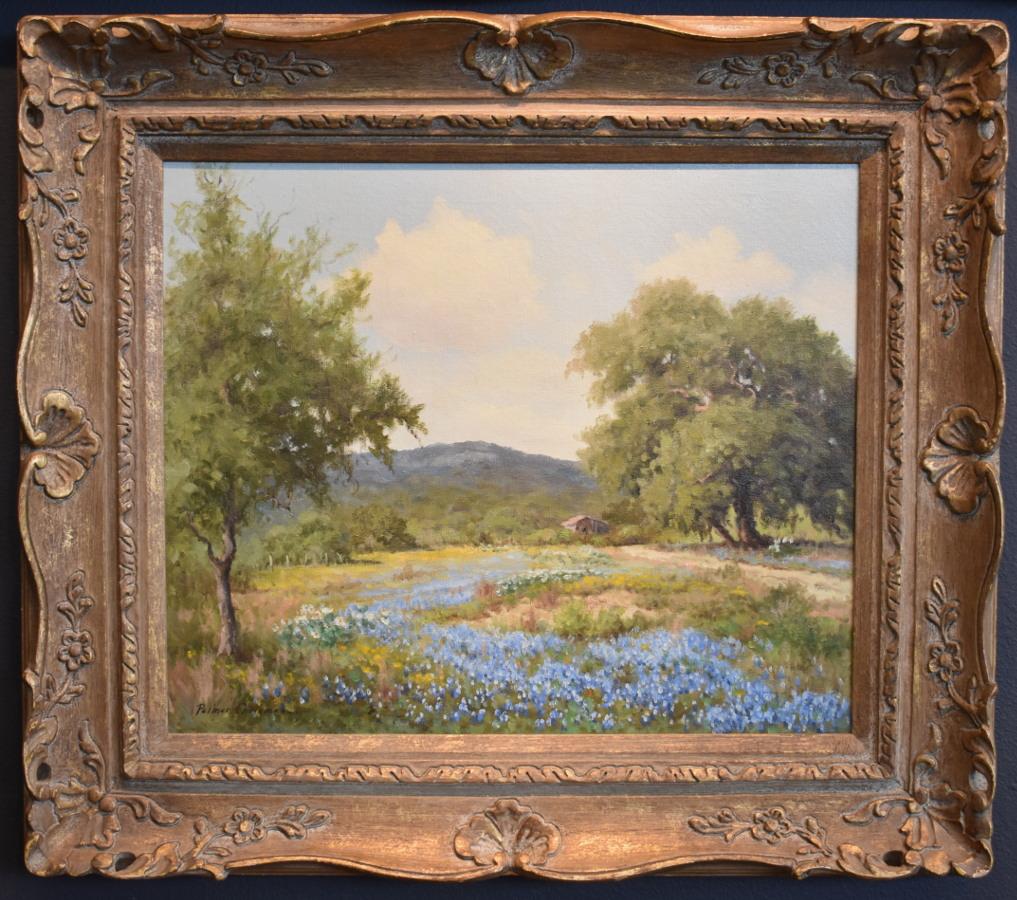 Palmer Chrisman Landscape Painting - "Bluebonnet Ranch"  Texas Wild Flowers, Old Cabin, Coreopsis, Bluebonnets, Oaks