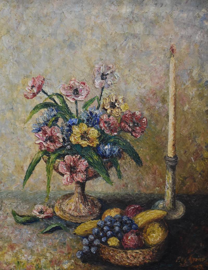 F. W. Ayers Still-Life Painting - "Still Life with Flowers and Fruit Bowl Howard Hughes VP Huges internation Tool 