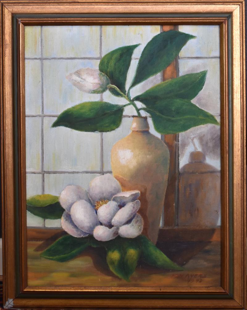 « Magnolia Bloom Still Life » par Howard Hughes Tool, vice-président général de la direction générale - Noir Still-Life Painting par F. W. Ayers