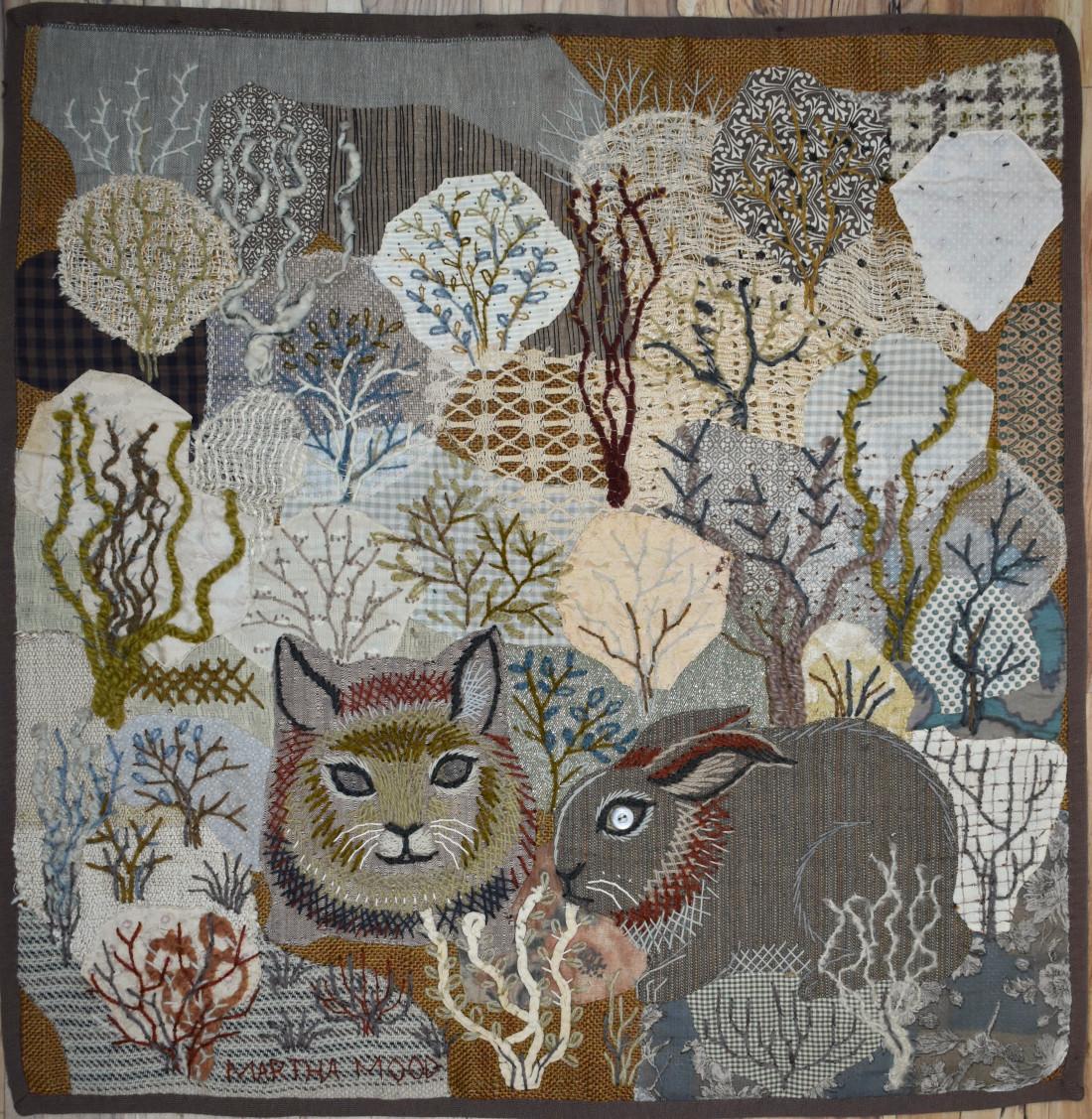 "Cat and Rabbit" Original Stitchery MCM Mid Century Modern - Art by Martha Mood