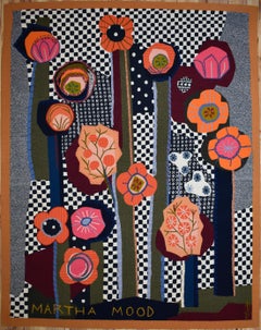 "Tapisserie "Floral, Black, White & Orange" MCM Mid Century Modern Tapestry  Artiste du Texas