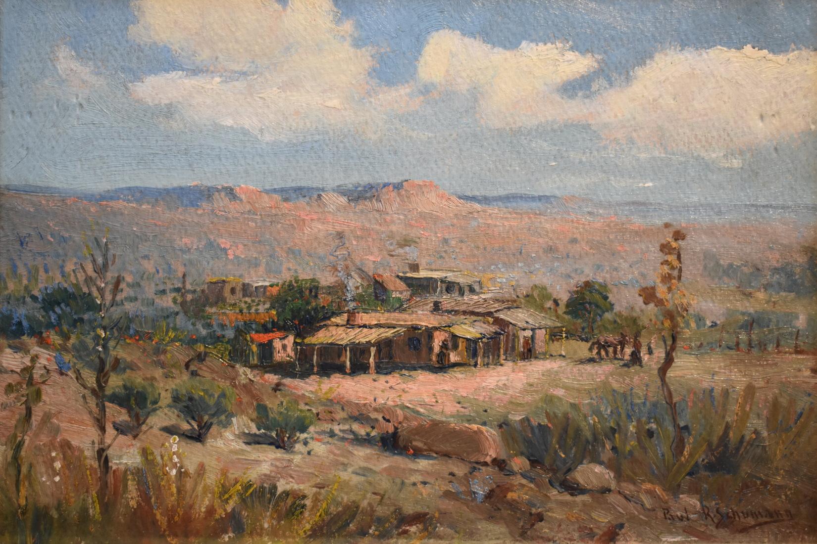 Paire de paysages du début du Nouveau-Mexique avec structures et de lourds récipients, réalisés par un artiste au Galveston - Painting de Paul Schumann