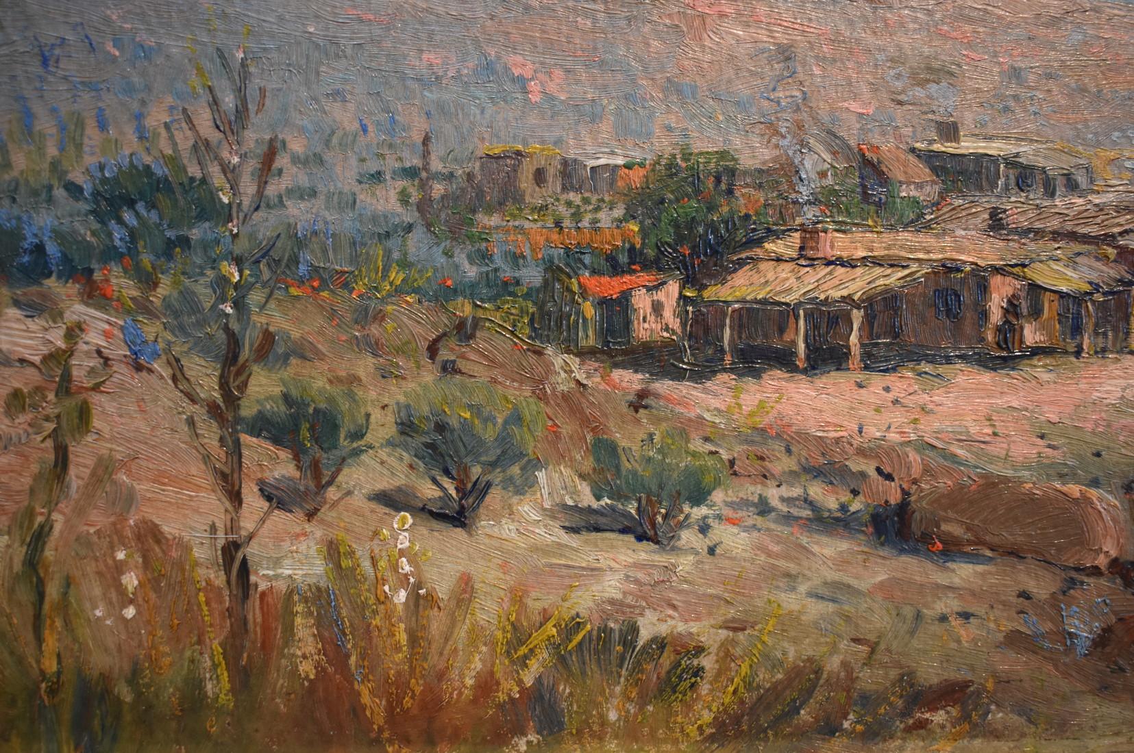 Pair Early New Mexico Landscapes with Structures Heavy Impasto Galveston Artist - Brown Landscape Painting by Paul Schumann