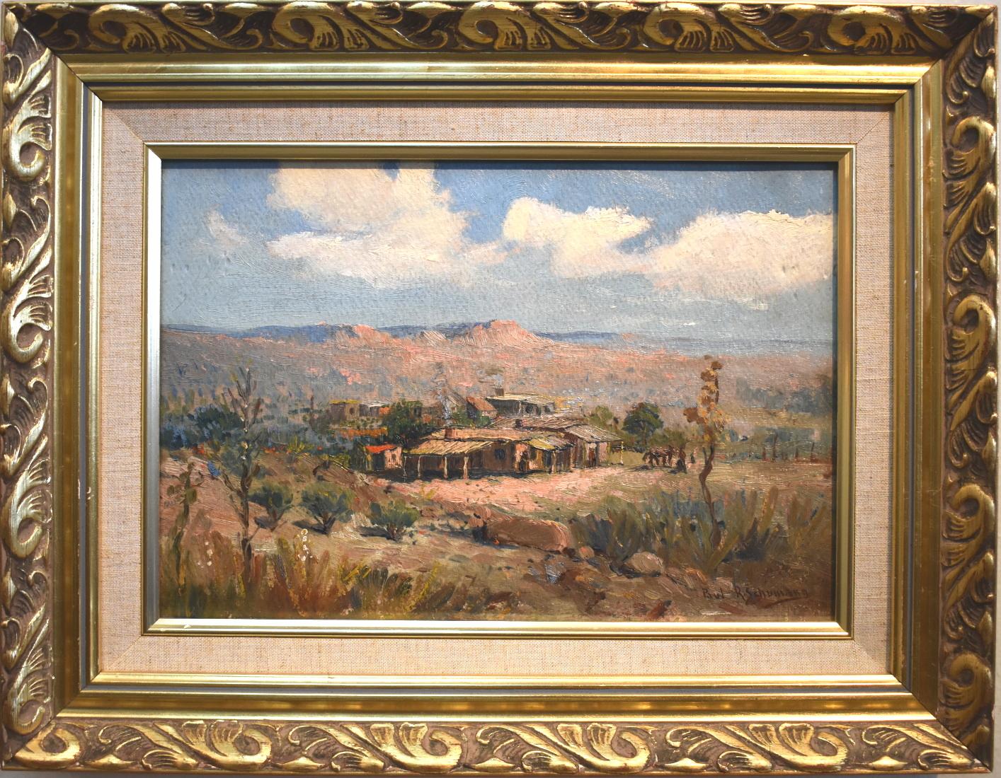 The following two paintings are being offered as a pair.  Only one is signed the other is not.  Both early New Mexico Paintings with beautiful heavy impasto.Paul Schumann 
1876-1946
Galveston Artist
Image Size: 9 x 13.25
Frame Size: 13.75 x