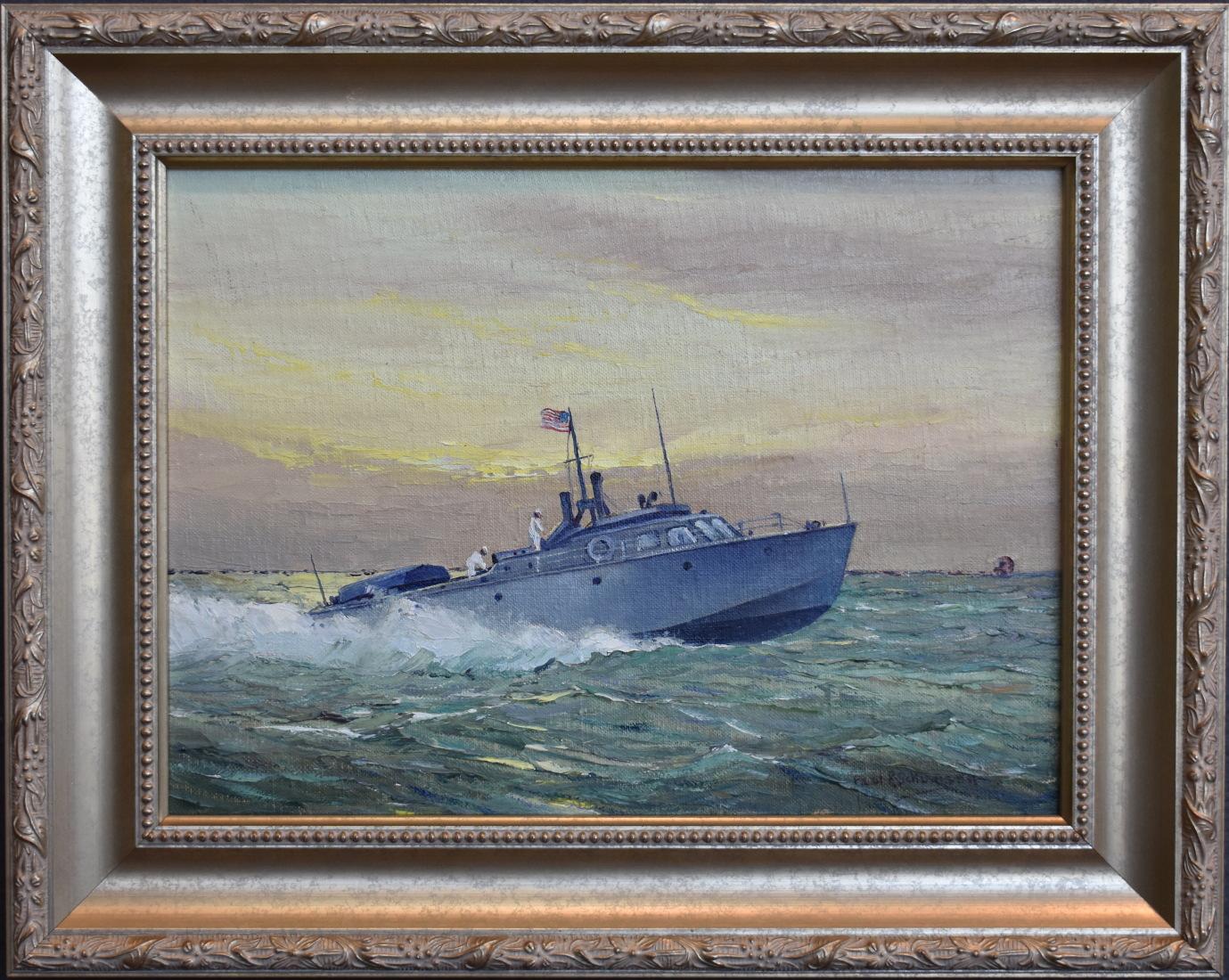 Navy or Coast Guard 1930s Pursuit Boat   Galveston Texas Artist Texas Coast - Painting by Paul Schumann
