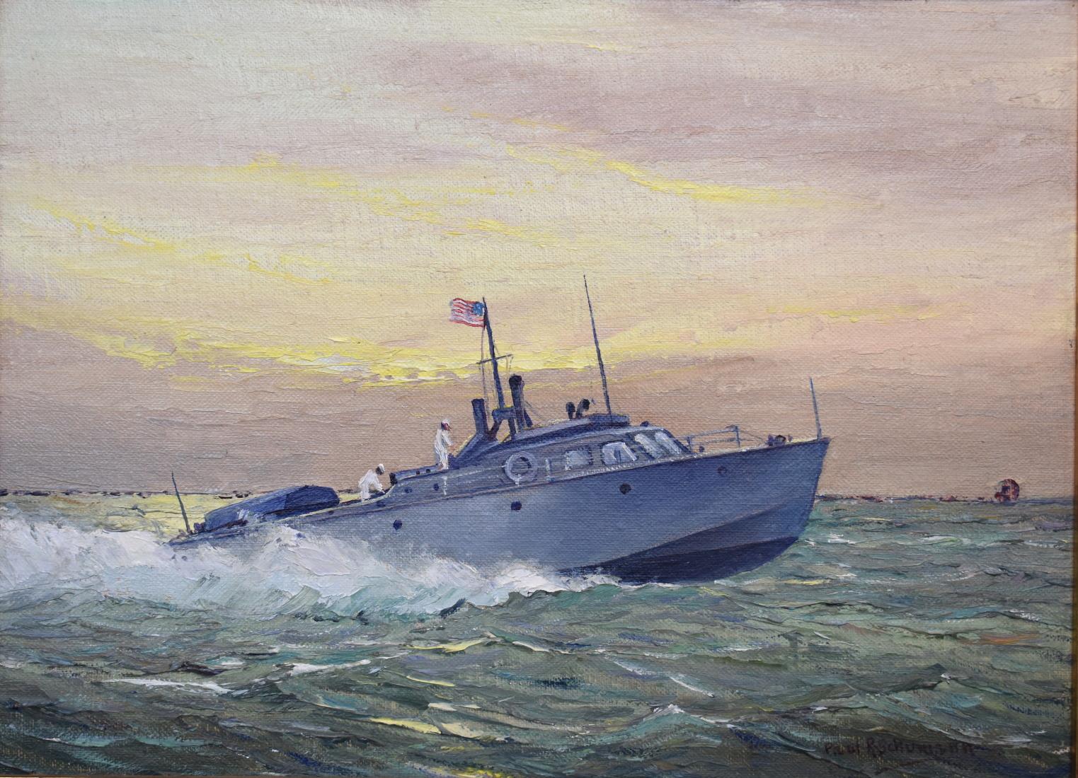 Paul Schumann Landscape Painting - Navy or Coast Guard 1930s Pursuit Boat   Galveston Texas Artist Texas Coast
