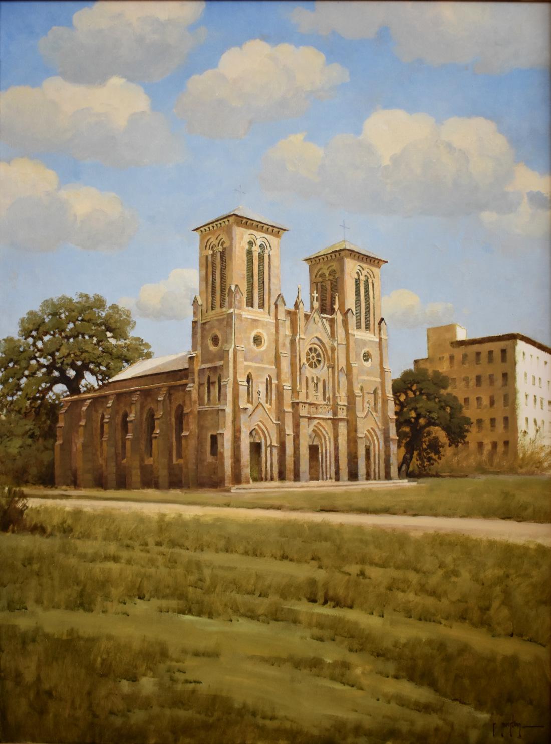 Randy Peyton Landscape Painting - "Path In Front of San Fernando" Cathedral in San Antonio Texas