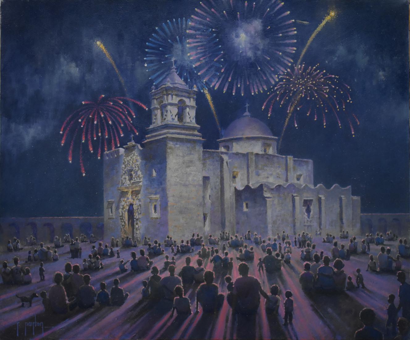 Randy Peyton Landscape Painting - "Fireworks over Mission San Jose"