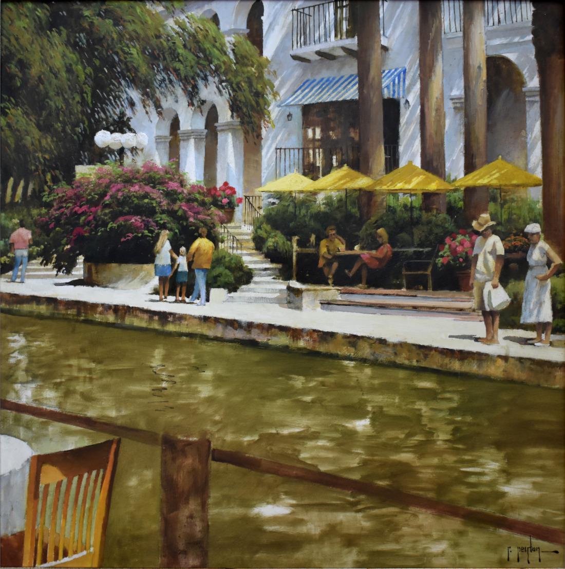Randy Peyton Landscape Painting - "Yellow Umbrellas of the Riverwalk" San Antonio Texas