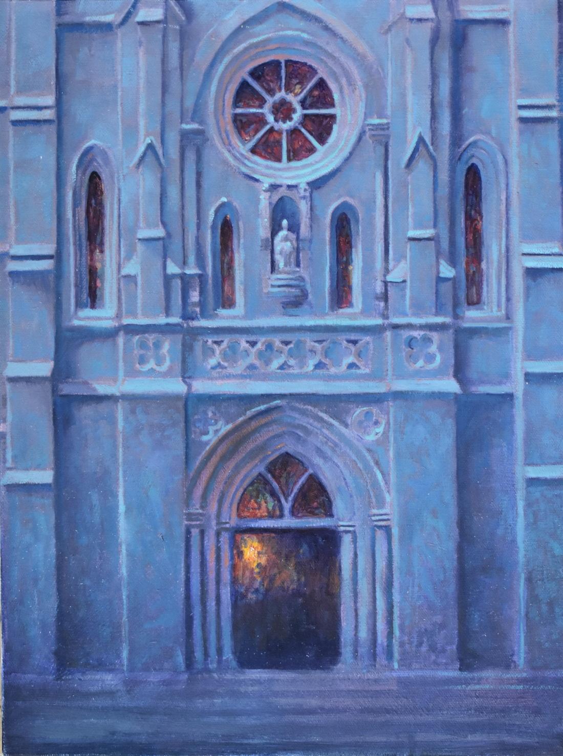 Landscape Painting Randy Peyton - « Le clair de lune de la cathédrale de San Fernando » - Paysage de San Antonio au Texas