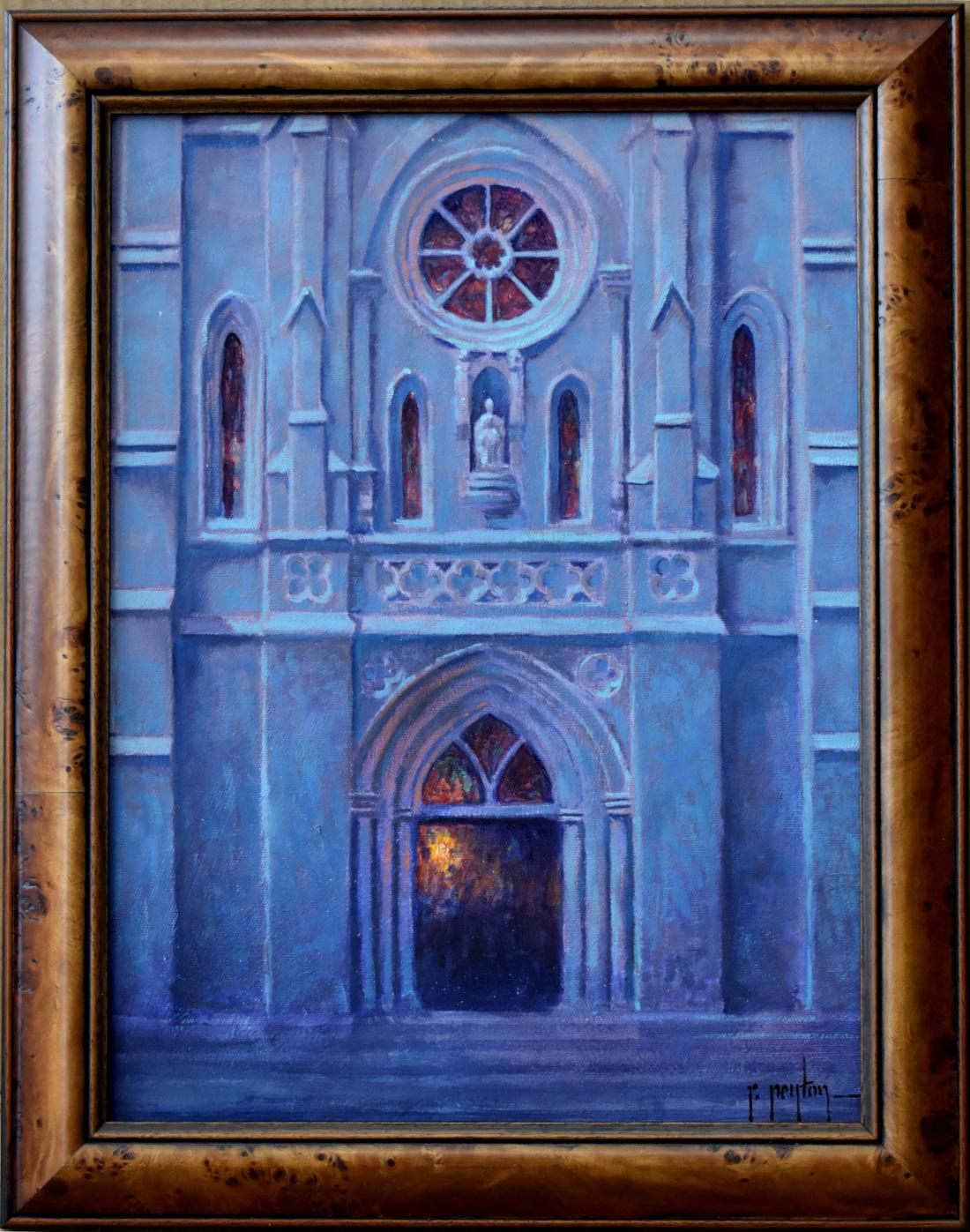« Le clair de lune de la cathédrale de San Fernando » - Paysage de San Antonio au Texas - Painting de Randy Peyton