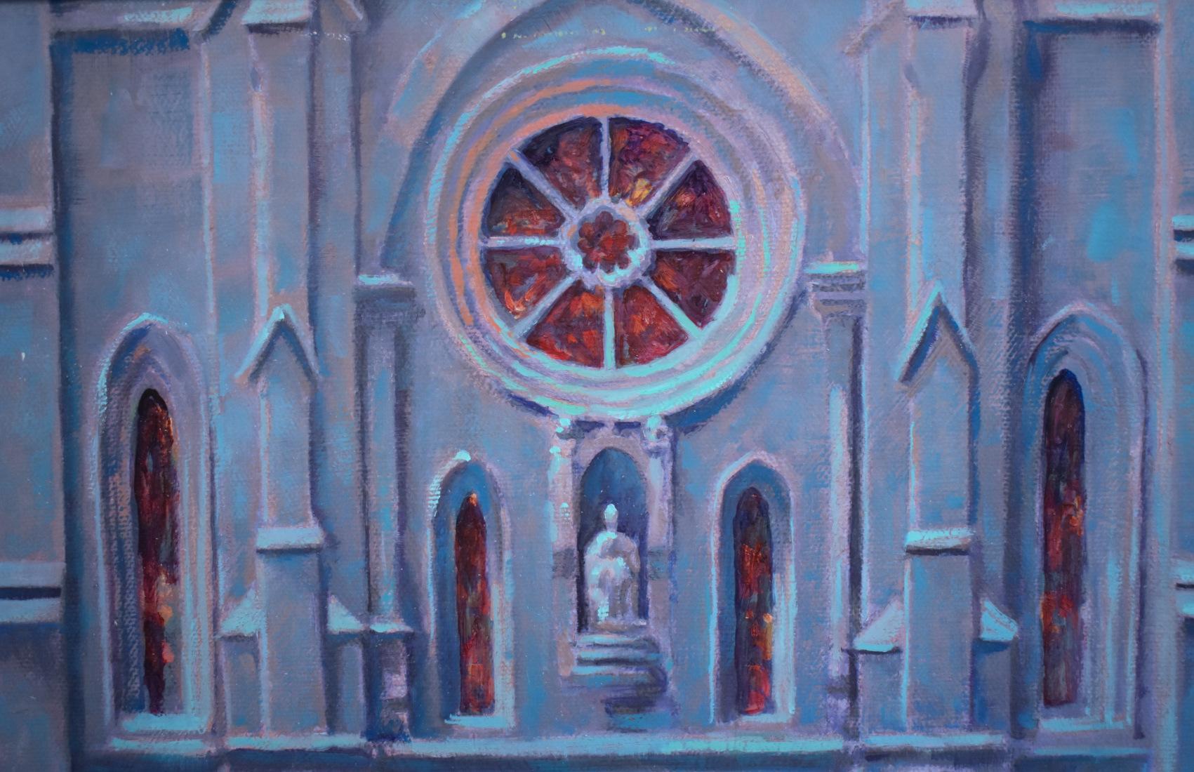 « Le clair de lune de la cathédrale de San Fernando » - Paysage de San Antonio au Texas - Impressionnisme Painting par Randy Peyton