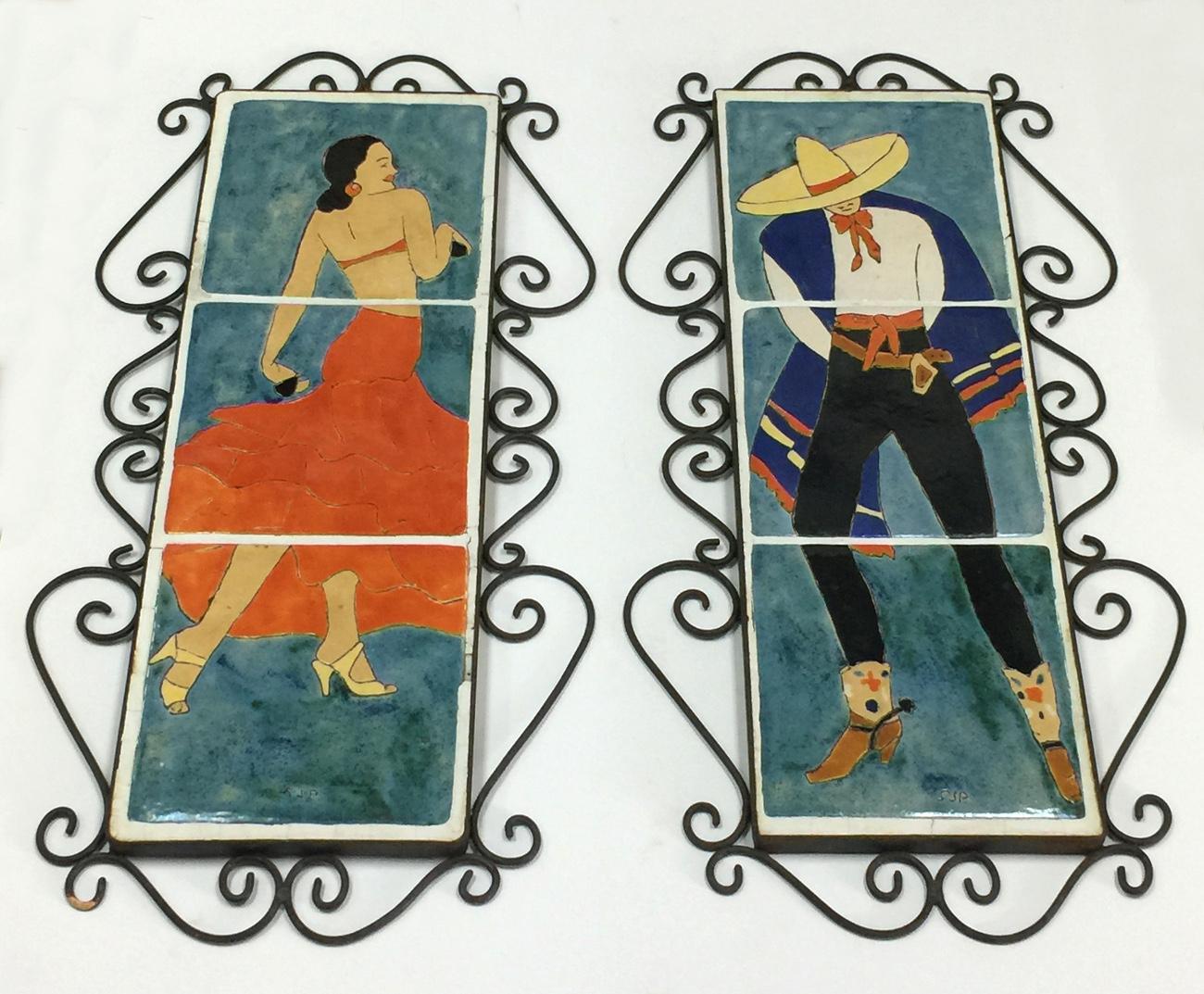 Pair of San Jose Pottery Tile Plaques
Image Size each plaque: 25 x 9 size of 3 tiles total
Wrought Iron Frame Size each plaque: 29 x 15 size of outer ornate scroll work
Medium: Tile Plaque
Circa 1930s 40s
