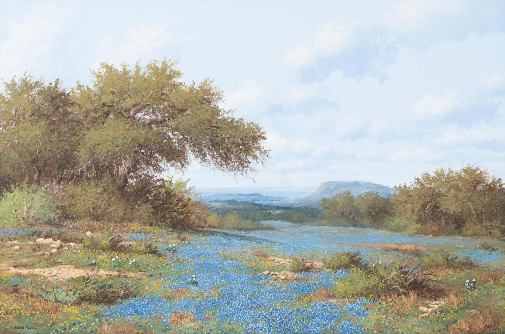 Robert Harrison Landscape Painting - "Bluebonnets"  Texas Hill Country.  Ranch Cactus & Coreopsis Wildflowers