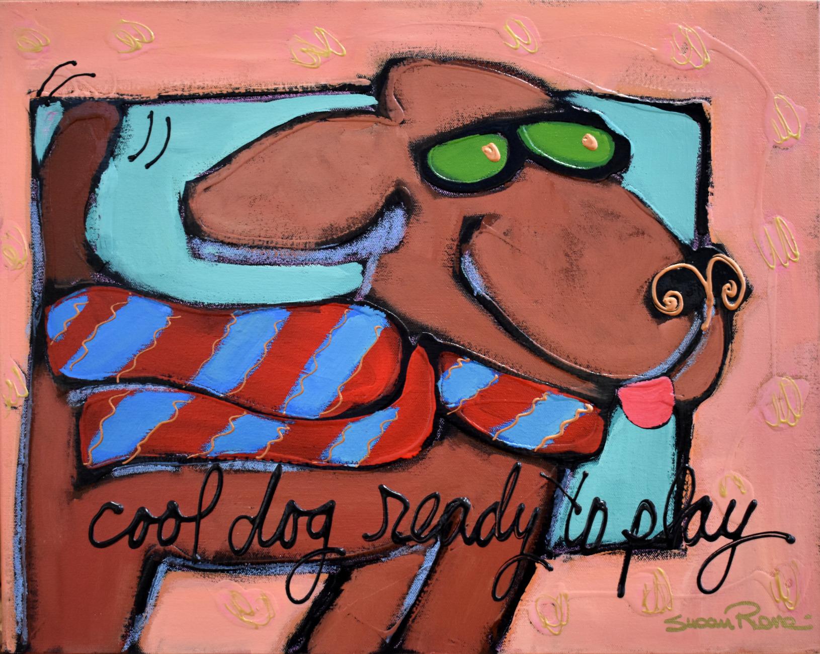 Susan Rene Animal Painting - "Cool Dog Ready To Play"