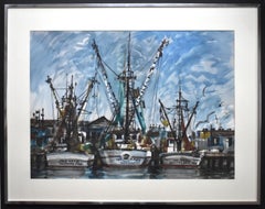 SHRIMP BOATS TEXAS WATERCOLOR MID CENTURY GALVESTON:: SMITH POINT:: PALACIOS