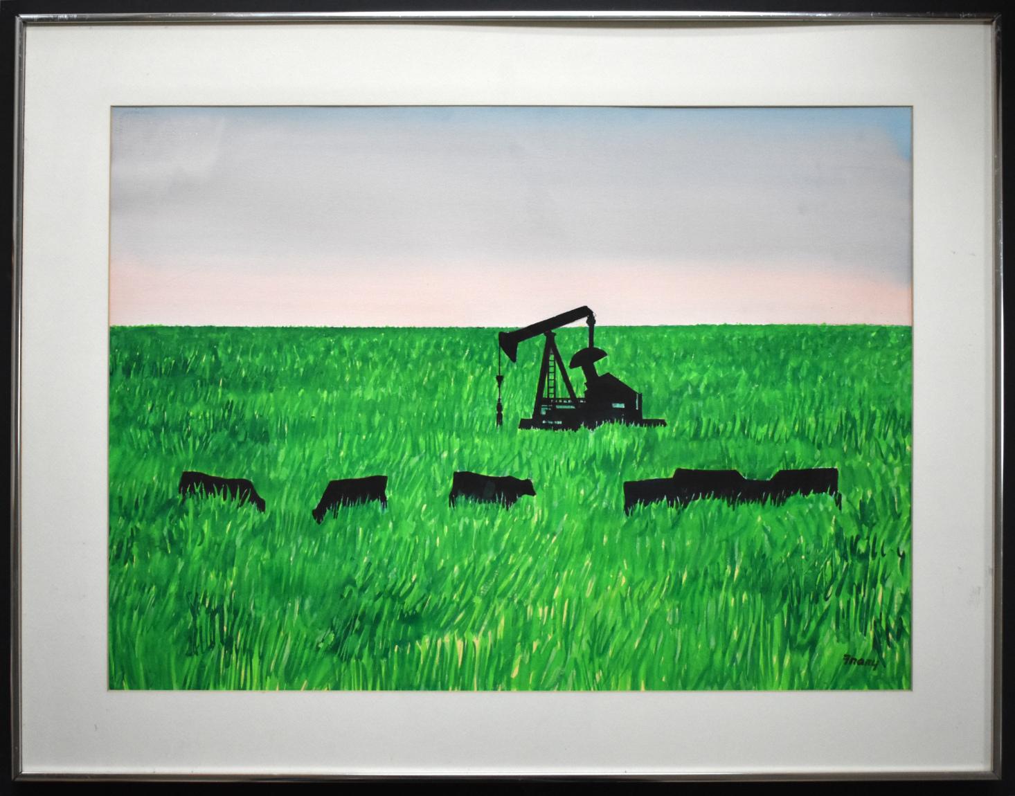 Michael Frary Landscape Art - "ANGUS AND PUMPJACKS" TEXAS WATERCOLOR MID CENTURY