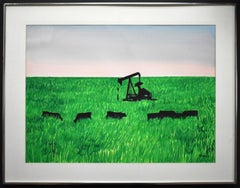 «ANGUS AND PUMPJACKS » TEXAS WATERCOLOR MID CENTURY