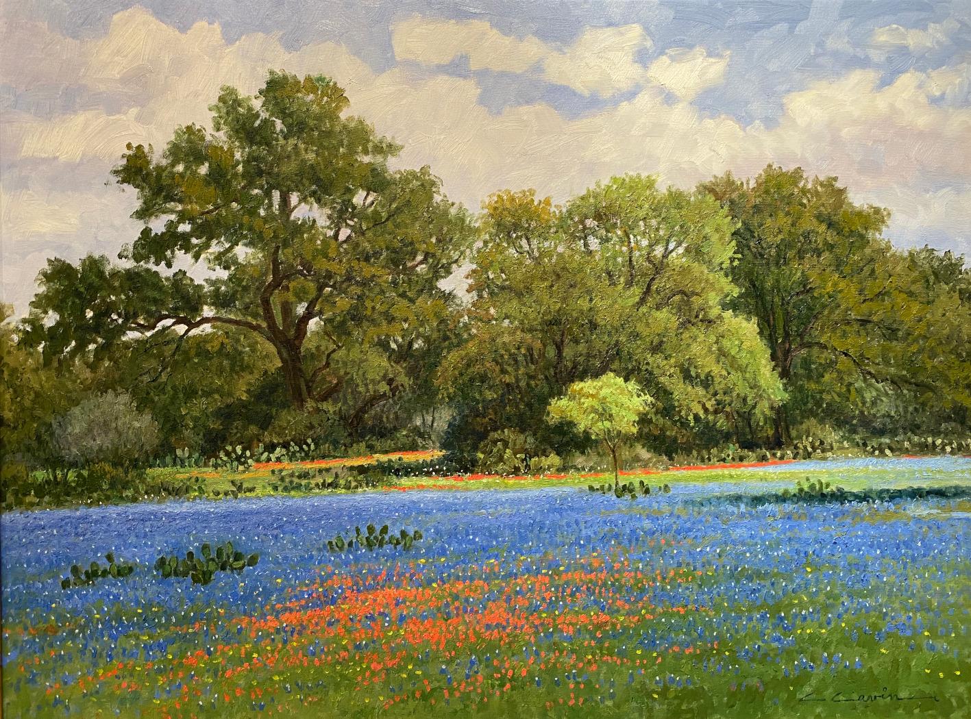 CLIFF CAVIN Landscape Painting - "A TOUCH OF INDIAN PAINT"  TEXAS BLUEBONNETS & INDIAN PAINTBRUSH HILL COUNTRY