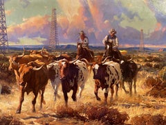 "TEXAS GOLD"  LONGHORNS AND OIL DERRICKS AND COWBOYS