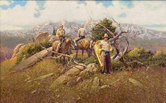 "BOYS, IT'S BREAK TIME"  COWBOYS RESTING AFTER RIDING MOUNTAIN RANGES. WESTERN