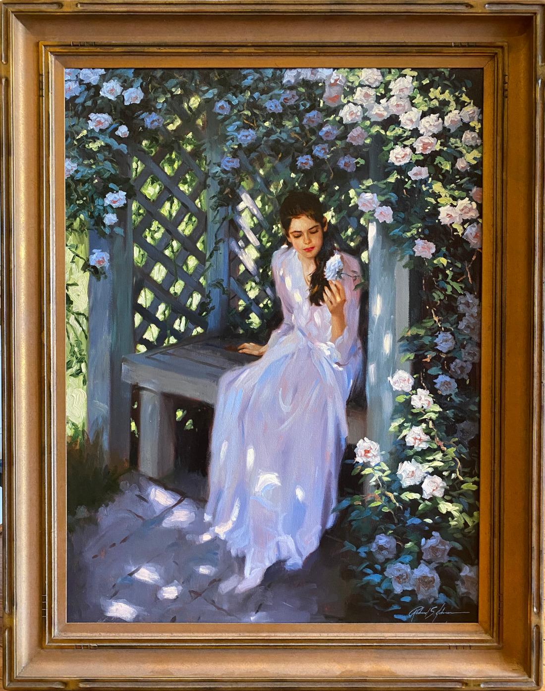 Richard Johnson Figurative Painting - "LATTICE ROSE"  LOVELY LADY IN A GARDEN.