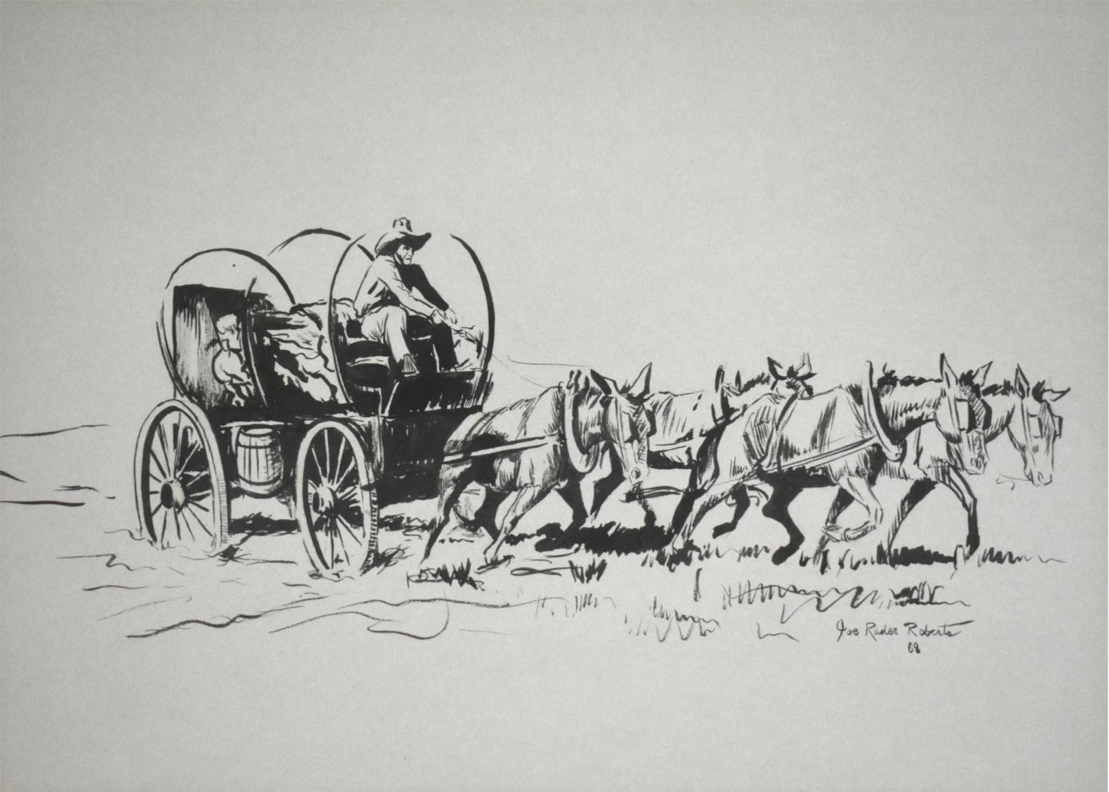 Joe Raider Roberts Animal Art - "WAGON AND HORSES" WESTERN COWBOYS