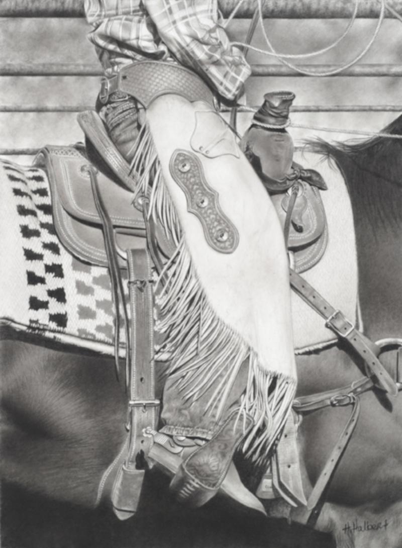 Halbert Still-Life - "DALLY UP" IMAGE: 14 X 11 GRAPHITE DRAWING COWBOY RIDING HORSE