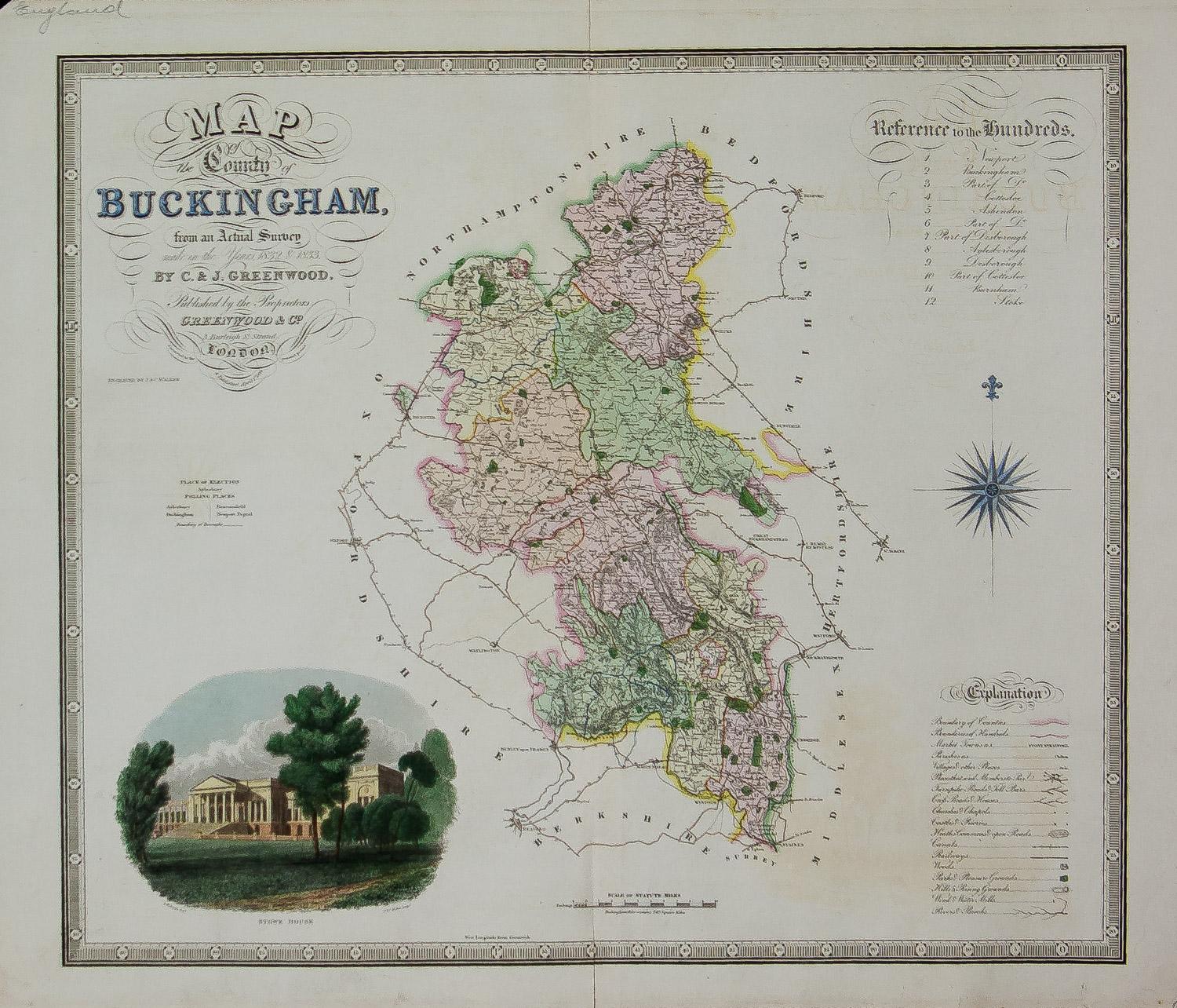 Christopher & John Greenwood Landscape Print – Map of the County of Buckingham aus einer tatsächlichen Survey