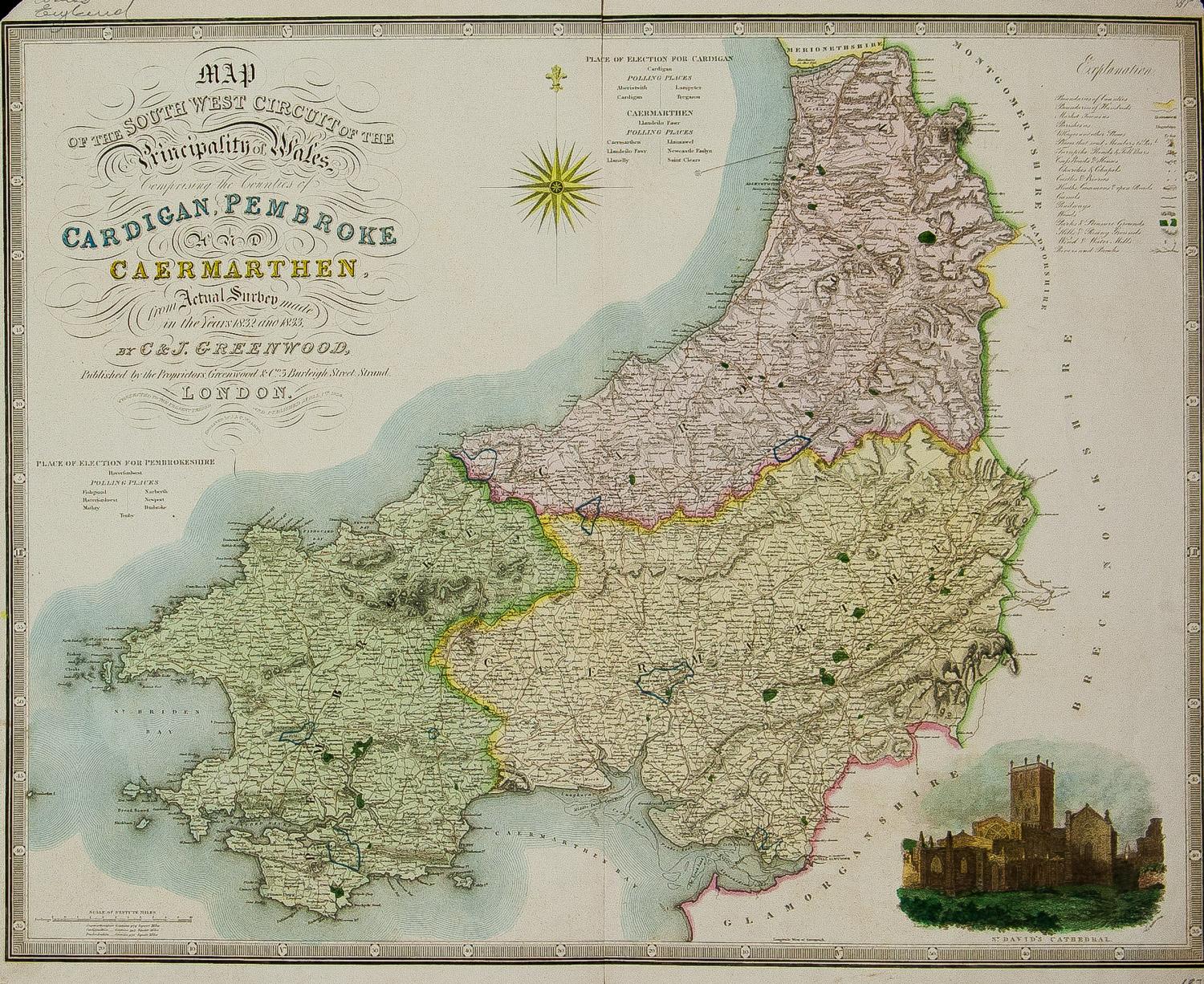 Christopher & John Greenwood Print - Map of Cardigan Pembroke & Caermarthen from an Actual Survey made in 1817