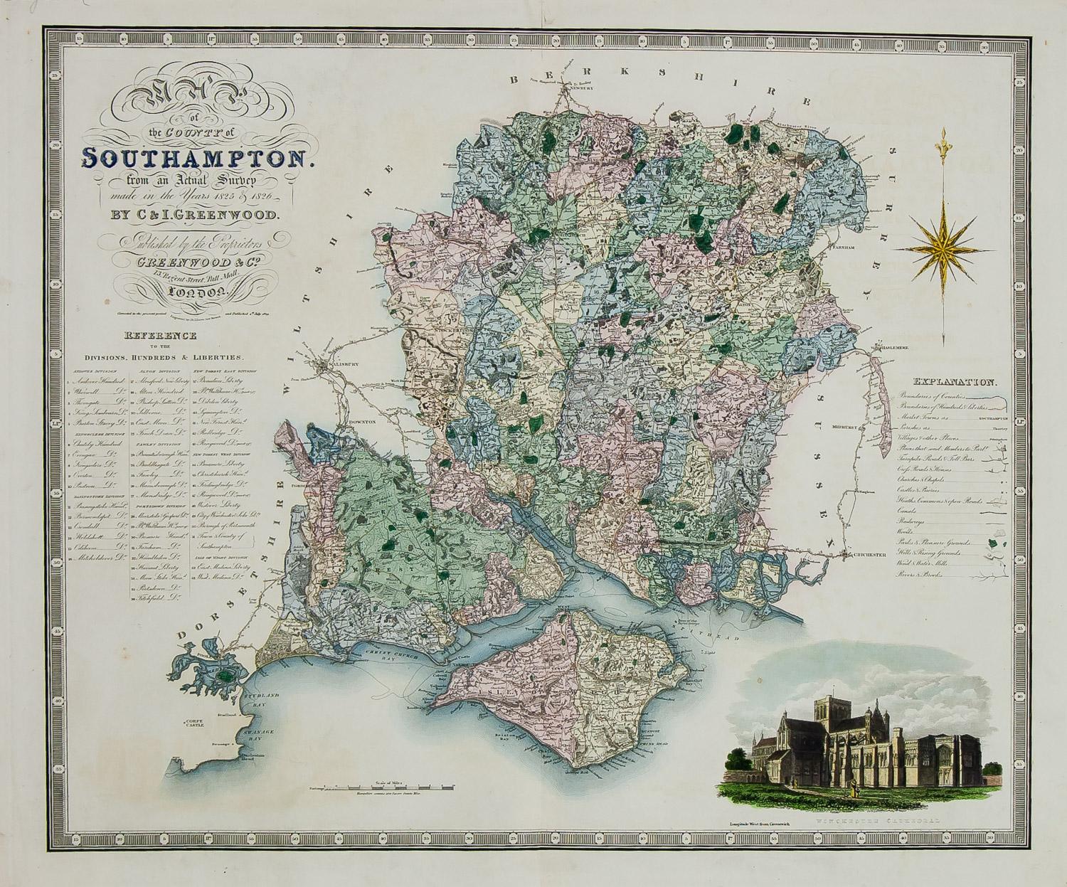 England, Karte der Grafschaft Southampton aus einer historischen Survey