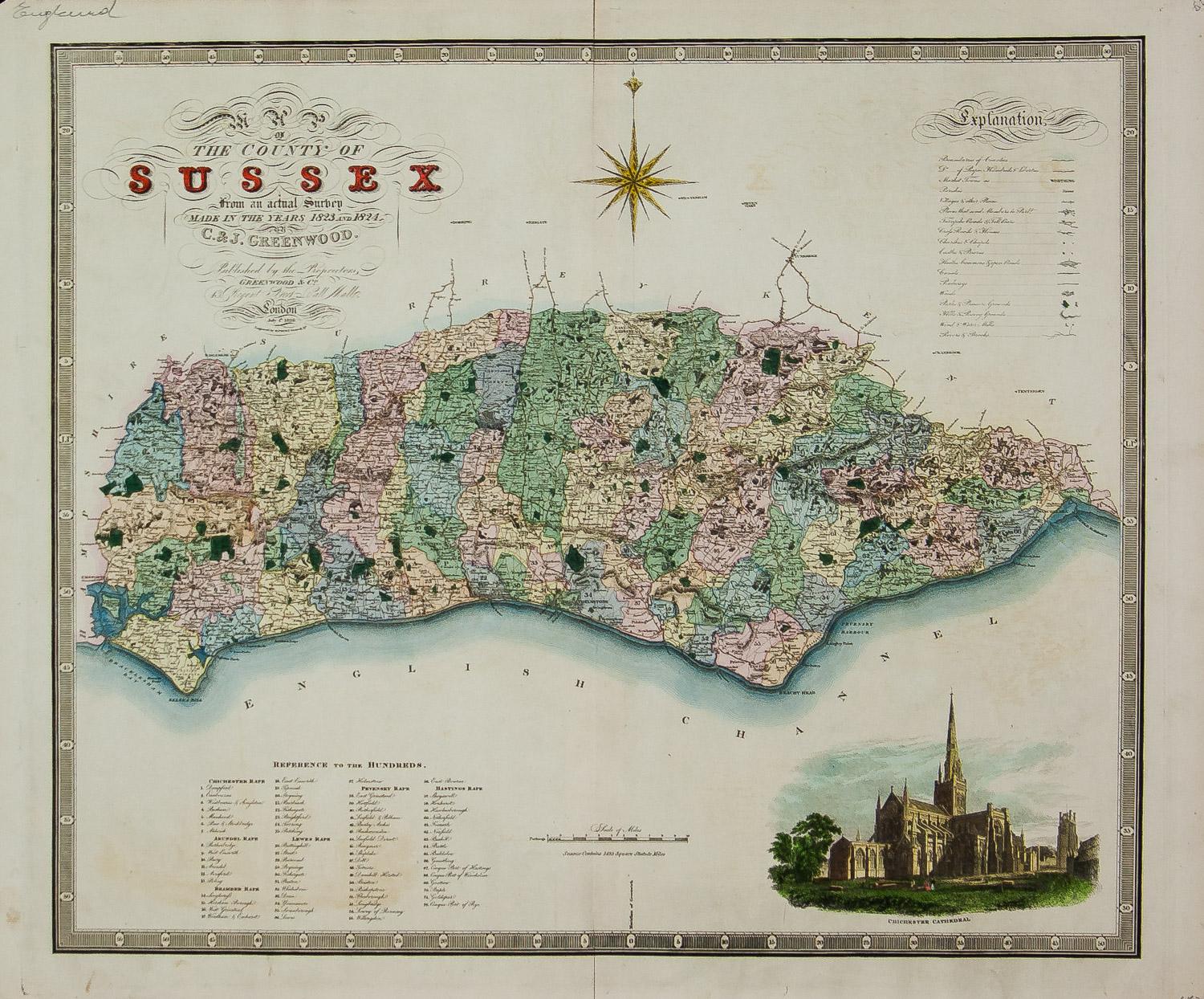 Christopher & John Greenwood Print - Map of the County of Sussex From An Actual Survey